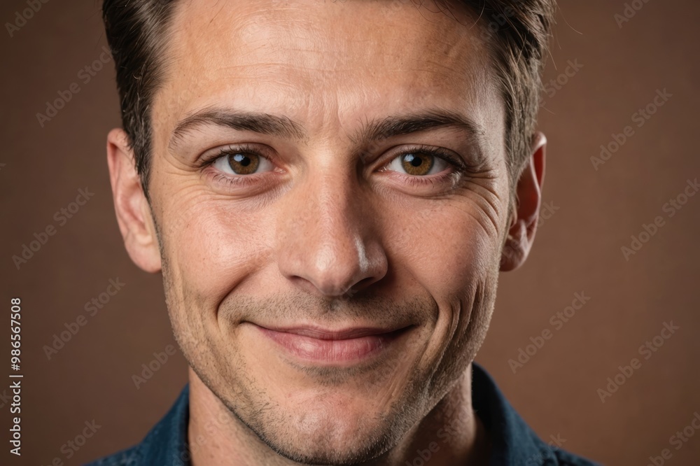 Full framed very close face portrait of a smiling 40s caucasian non binary with brown eyes looking at the camera, studio shot,brown background. Full framed very close face portrait of a smiling 40s caucasian non binary with brown eyes looking at the camera, studio shot,brown background.