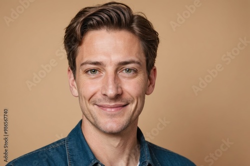 Full framed very close face portrait of a smiling 40s caucasian non binary with hazel eyes looking at the camera, studio shot,hazel background. photo