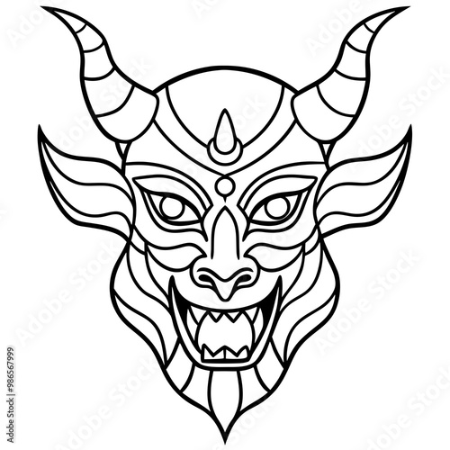 Intricate Demonic Horned Mask Line Art Detailed Vector Illustration