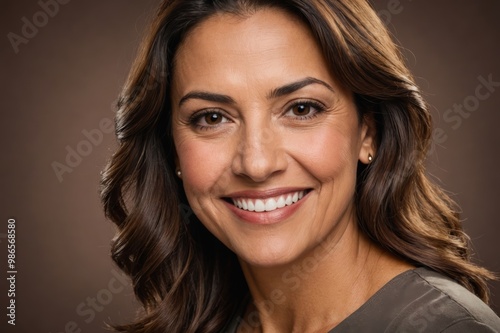 Full framed very close face portrait of a smiling 40s hispanic woman with brown eyes looking at the camera, studio shot,brown background.