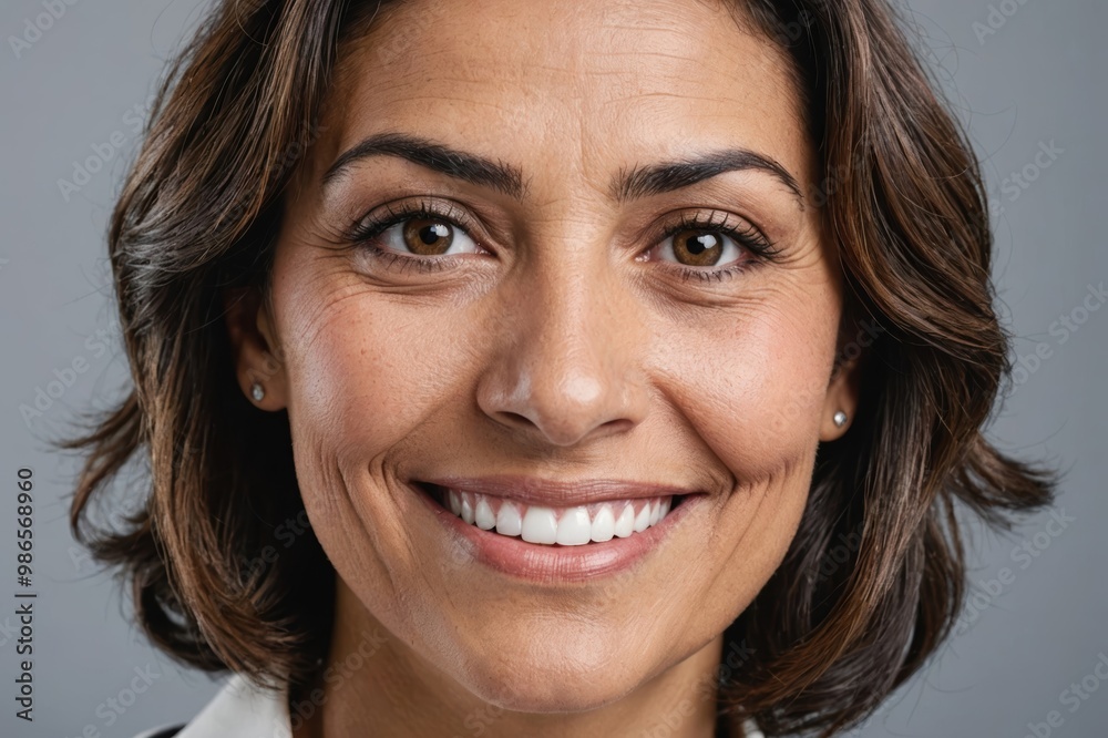 Full framed very close face portrait of a smiling 40s hispanic woman with gray eyes looking at the camera, studio shot,gray background. Full framed very close face portrait of a smiling 40s hispanic woman with gray eyes looking at the camera, studio shot,gray background.
