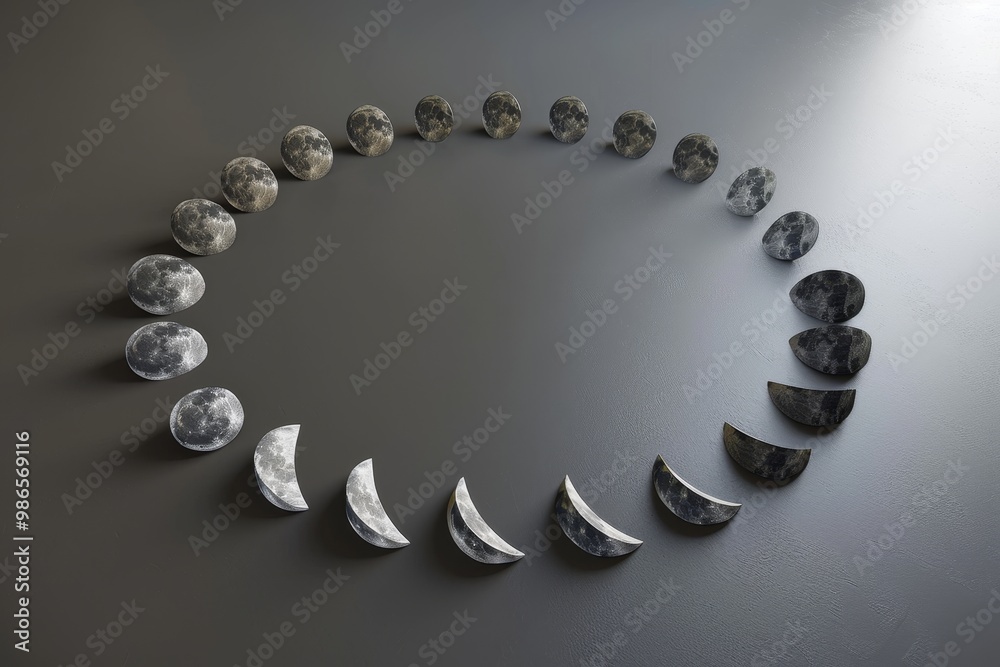 The lunar phases arranged artistically in a celestial pattern against a textured dark background with a focus on the moon's detailed surface The lunar phases arranged artistically in a celestial pattern against a textured dark background with a focus on the moon's detailed surface