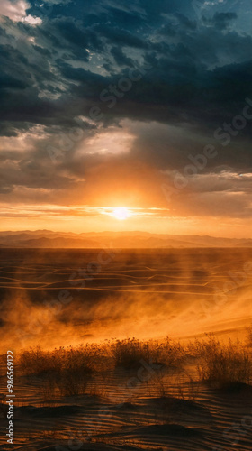 Golden Sunset Over Desert Dunes with Sandstorm