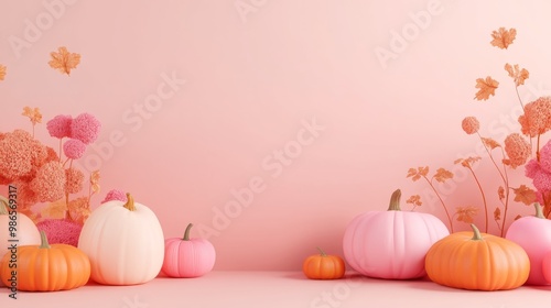 3D illustration of pink and orange pumpkins, thanksgiving day