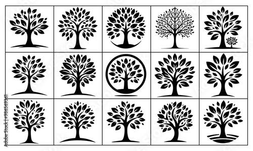 Tree with leaves, vector silhouette, On a White Background