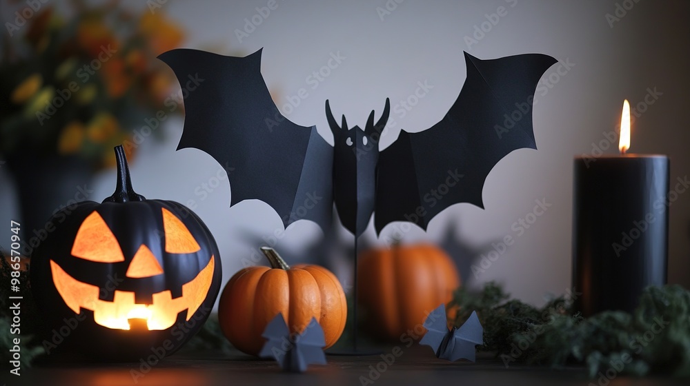 Fototapeta premium A DIY Halloween decorations tutorial, showing how to create spooky, budget-friendly items like ghost lanterns, paper bats, and pumpkin centerpieces.