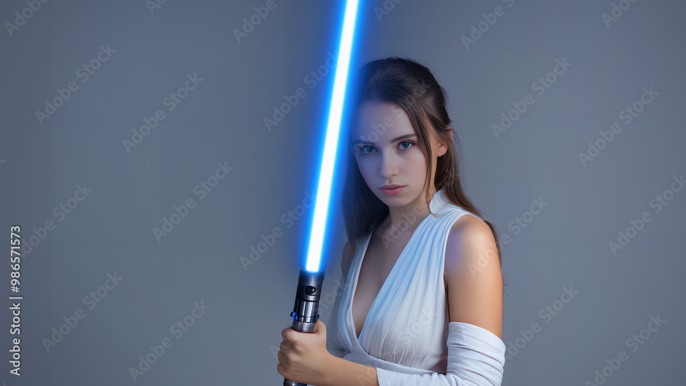 Junge Frau mit blauem Lichtschwert – Sci-Fi-Inspiration Junge Frau mit blauem Lichtschwert – Sci-Fi-Inspiration