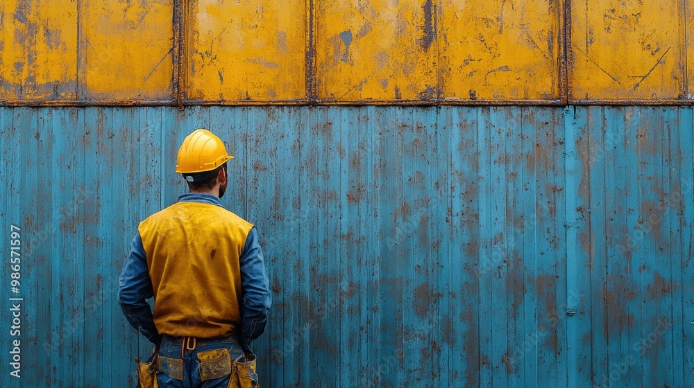 A construction worker examines a weathered blue and yellow wall during a site inspection in an urban setting A construction worker examines a weathered blue and yellow wall during a site inspection in an urban setting