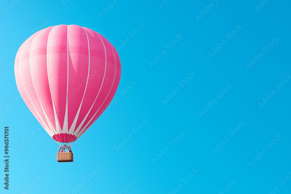 Naklejka premium A vibrant pink hot air balloon gliding high in a clear blue sky on a sunny day