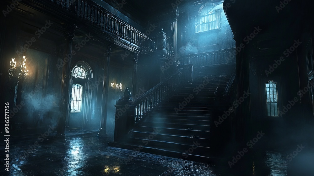 Haunting 3D Visualization of a Cursed Mansion with Ghostly Silhouettes and Flickering Lights Creating a Chilling Atmosphere Haunting 3D Visualization of a Cursed Mansion with Ghostly Silhouettes and Flickering Lights Creating a Chilling Atmosphere