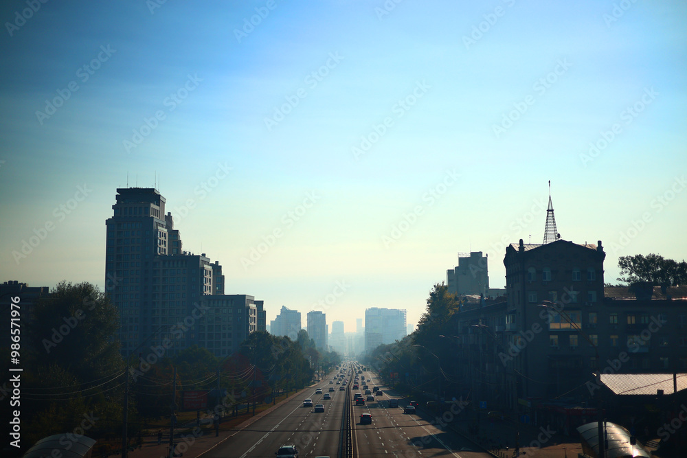 Fototapeta premium Smog in the city at dawn. Kyiv 2024.