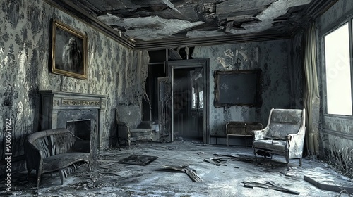 Abandoned Horror House: Eerie 3D Scene of Desolation and Decay