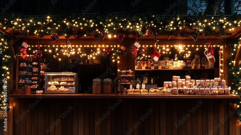 A festive hot cocoa stand at a holiday market, adorned with twinkling lights and garland. It exudes warmth and cheer, offering delicious drinks and treats to warm your soul on a cold winter's day. A festive hot cocoa stand at a holiday market, adorned with twinkling lights and garland. It exudes warmth and cheer, offering delicious drinks and treats to warm your soul on a cold winter's day.