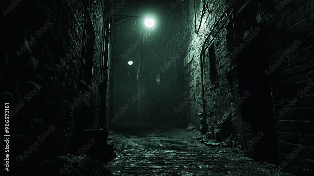 Fototapeta premium Eerie 3D Render of Shadowy Alley with Flickering Streetlights - Urban Horror Scene with Menacing Atmosphere