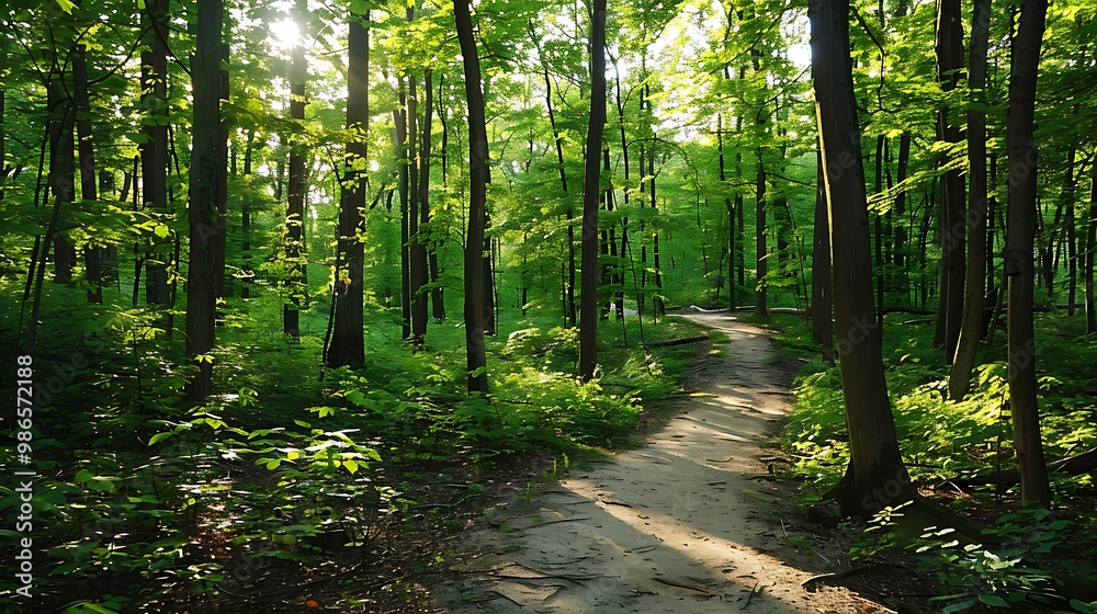 Obraz premium Forest Path with Sunlight Filtering Through Trees