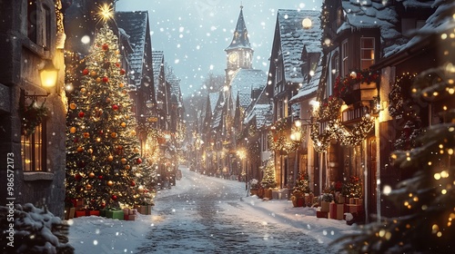 A festive winter scene of a European street lined with charming houses, adorned with Christmas decorations. Snow gently falls, creating a magical atmosphere perfect for a greeting card.