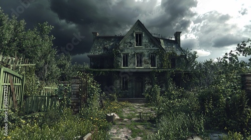 Haunted Abode of Fear: Sinister 3D Horror House Amid Overgrown Garden under Ominous Clouds