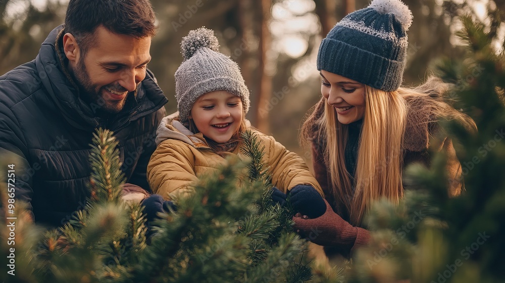 A happy family is picking out a Christmas tree in the woods. They are excited to celebrate the New Year together. A happy family is picking out a Christmas tree in the woods. They are excited to celebrate the New Year together.