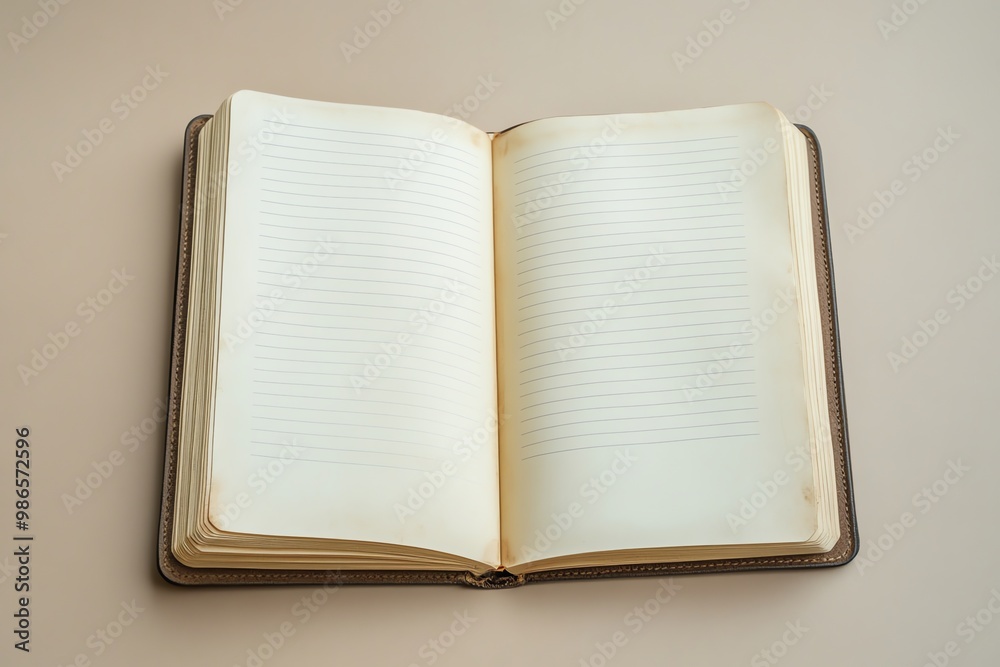 Open Lined Notebook with Leather Cover on Beige Background Open Lined Notebook with Leather Cover on Beige Background