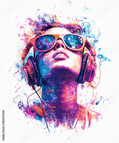 Colorful abstract portrait of a woman wearing sunglasses and headphones with vibrant splashes of paint