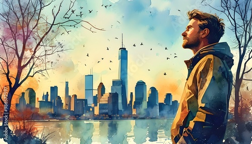 Dreamy watercolor depiction of a man admiring a modern city skyline surrounded by trees and birds in a vibrant artistic style photo