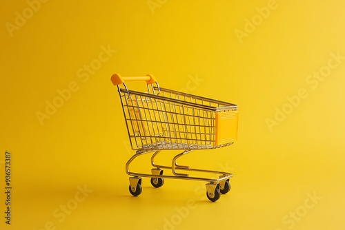 A Miniature Shopping Cart on a Yellow Background