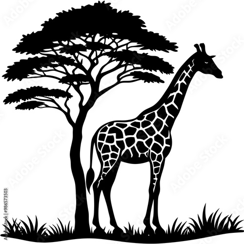 Giraffe Silhouette with Acacia Tree at Sunset  Vector Art