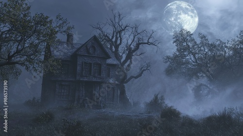 Eerie Haunted Cottage in Moonlight with Twisted Trees and Creeping Fog - 3D Render Illustration