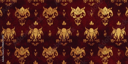 Seamless pattern of golden floral design on a maroon textured background.