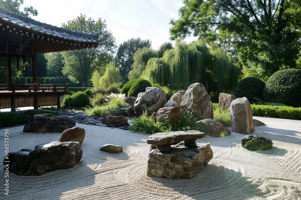A tranquil Japanese garden featuring a serene pond surrounded by carefully placed rocks, lush greenery, and traditional architecture under a bright blue sky A tranquil Japanese garden featuring a serene pond surrounded by carefully placed rocks, lush greenery, and traditional architecture under a bright blue sky