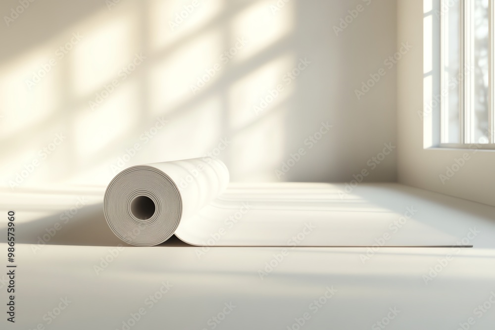 Rolled Up White Material in a Room with Sunlight Streaming Through a Window Rolled Up White Material in a Room with Sunlight Streaming Through a Window