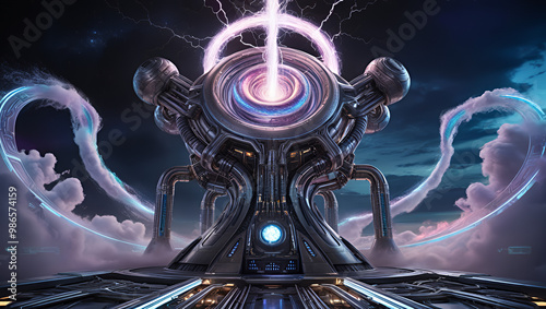 Colossal Futuristic Reactor: Vortex of Energy and Dimensional Portals in a Sci-Fi Nightscape