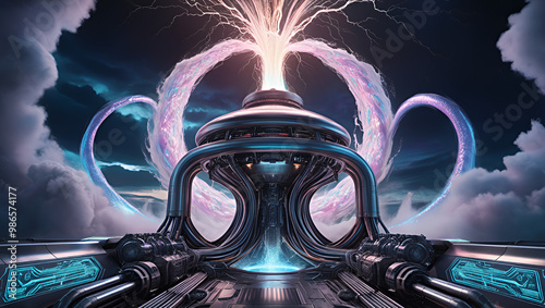 Colossal Futuristic Reactor: Vortex of Energy and Dimensional Portals in a Sci-Fi Nightscape