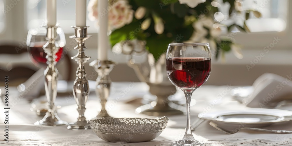 Elegant Passover Table Setting with Silver Candlestick, Red Wine, and Dish on White Linens Elegant Passover Table Setting with Silver Candlestick, Red Wine, and Dish on White Linens