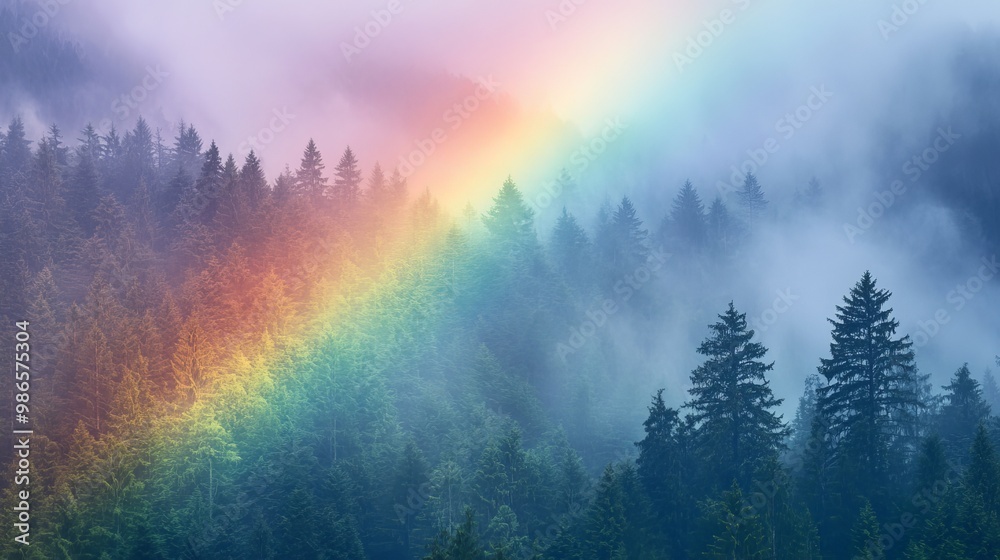 A rainbow paints the sky, standing out against the mist. Below it, a forest stretches out, peaceful and serene. The scene captures the beauty and tranquility of nature after a storm.
