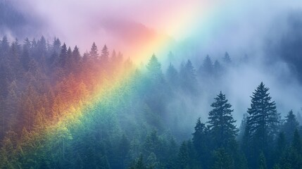 A rainbow paints the sky, standing out against the mist. Below it, a forest stretches out, peaceful and serene. The scene captures the beauty and tranquility of nature after a storm.