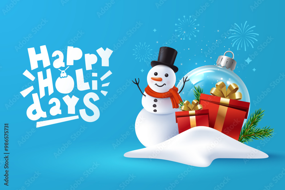 Φωτογραφία Happy Holidays greeting card design with gifts boxes in a snowdrift, snowman and large transparent Christmas ball in the background
