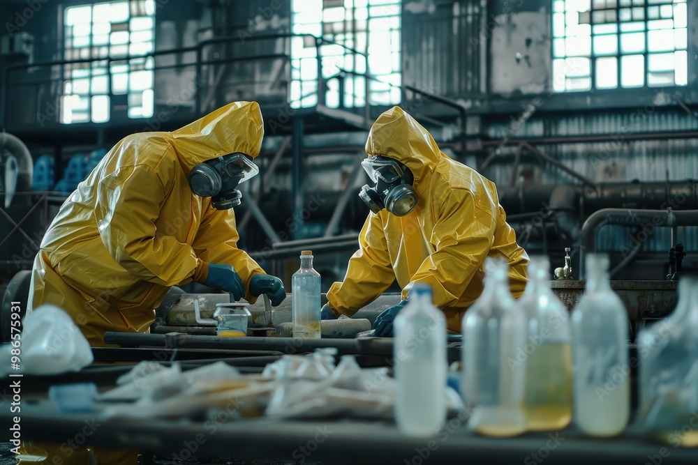 Workers in yellow protective suits walk through an industrial facility amid equipment and machinery during daylight hours Workers in yellow protective suits walk through an industrial facility amid equipment and machinery during daylight hours