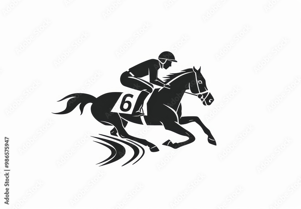 A minimalistic logo of a horse and jockey using simple shapes and clean lines with negative space. The monochrome design has a white background with a professional vector illustration style in the sty A minimalistic logo of a horse and jockey using simple shapes and clean lines with negative space. The monochrome design has a white background with a professional vector illustration style in the sty