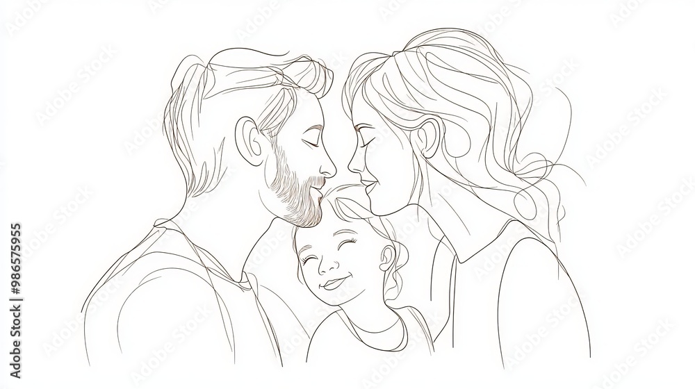 Continuous one line drawing. Happy family father and mother kissing, girl daughter looking. Vector illustration. Continuous one line drawing. Happy family father and mother kissing, girl daughter looking. Vector illustration.