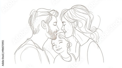 Continuous one line drawing. Happy family father and mother kissing, girl daughter looking. Vector illustration. photo