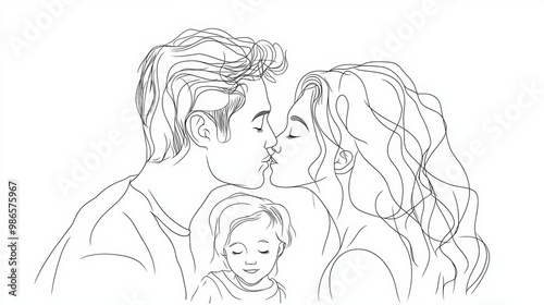 Continuous one line drawing. Happy family father and mother kissing, girl daughter looking. Vector illustration. photo