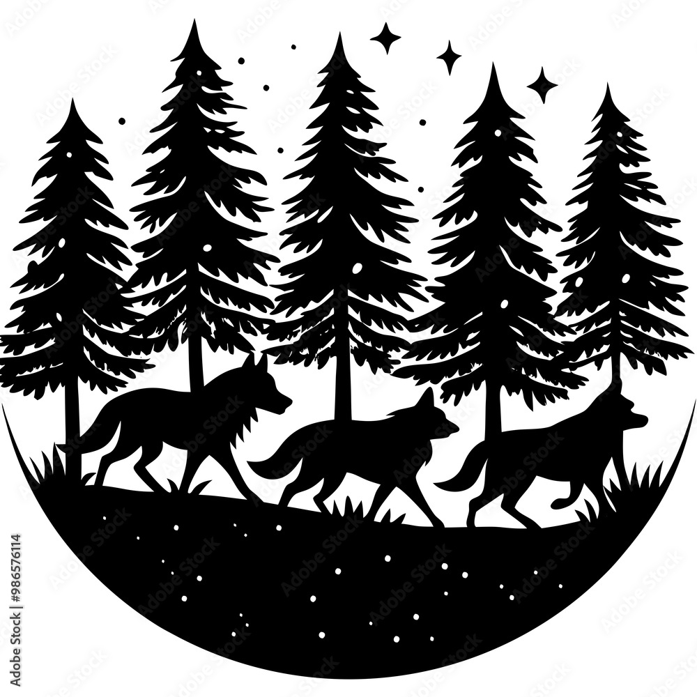 Wolf Pack Silhouette Running Through Dusk Forest Vector Art