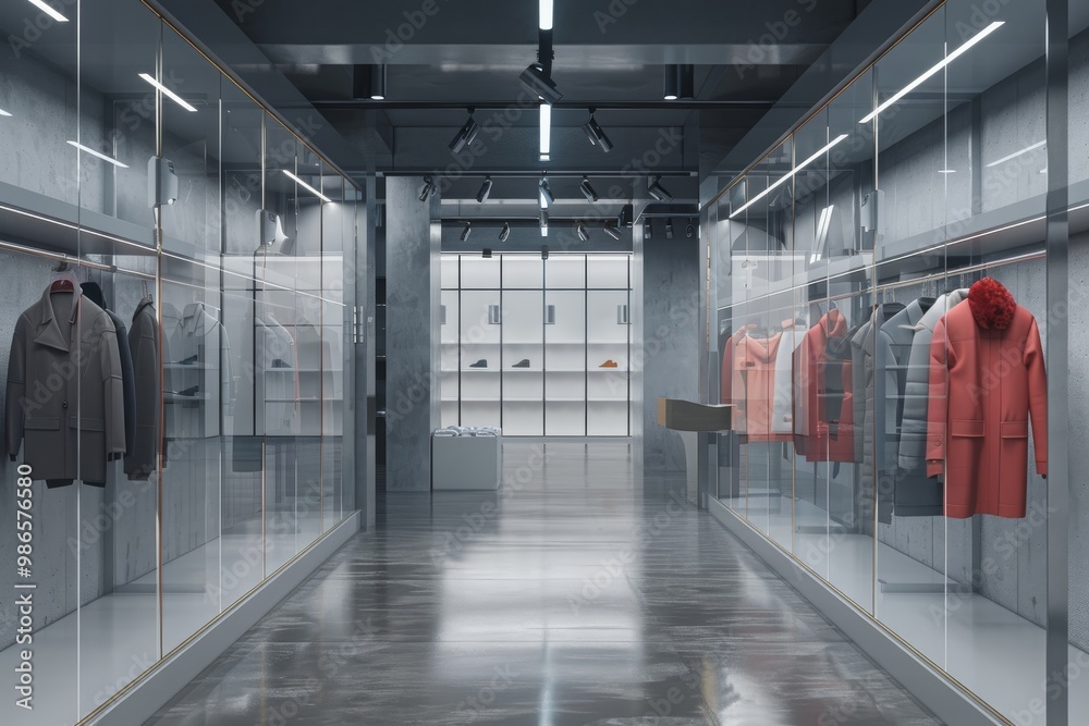 A modern women's store with glass display cabinets, hanging on hangers and mannequins in the center of an empty space, and concrete floors on both sides. The walls have gray metal panels and light col A modern women's store with glass display cabinets, hanging on hangers and mannequins in the center of an empty space, and concrete floors on both sides. The walls have gray metal panels and light col