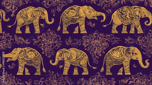 Seamless pattern with golden elephants and floral motifs on a purple background. photo