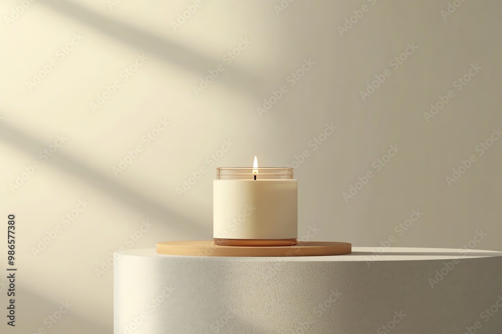 A Lit Candle on a Wooden Platform Against a Cream-Colored Wall