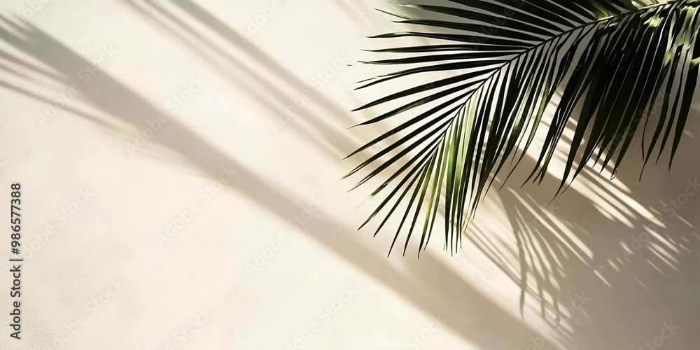 Fototapeta premium Shadow of palm leaves on white concrete light beige wall. Generative AI