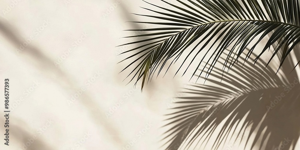 Obraz premium Shadow of palm leaves on white concrete light beige wall. Generative AI technology