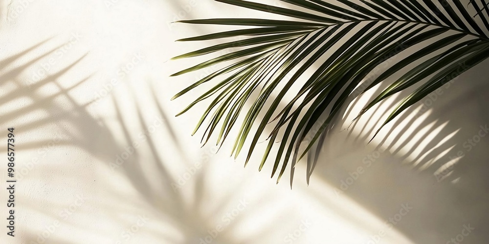 Obraz premium Shadow of palm leaves on white concrete light beige wall. AI generative