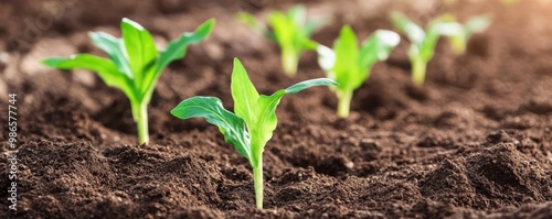 Crops growing in sandy soil enhanced with organic compost, soil improvement concept photo